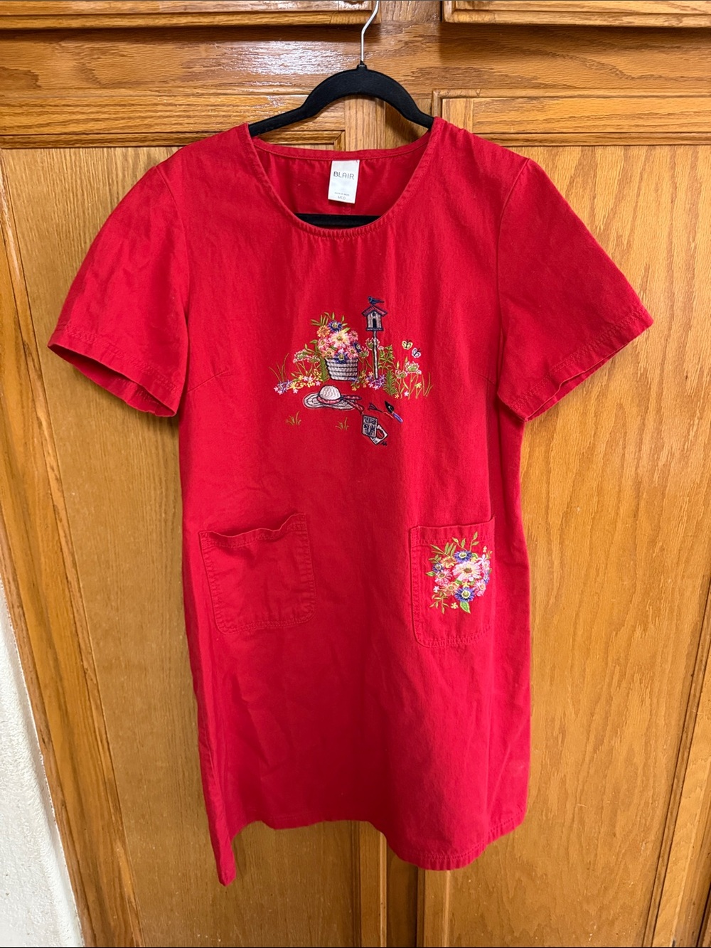 Blair Red Short-Sleeve Shift Dress with Floral Embroidery